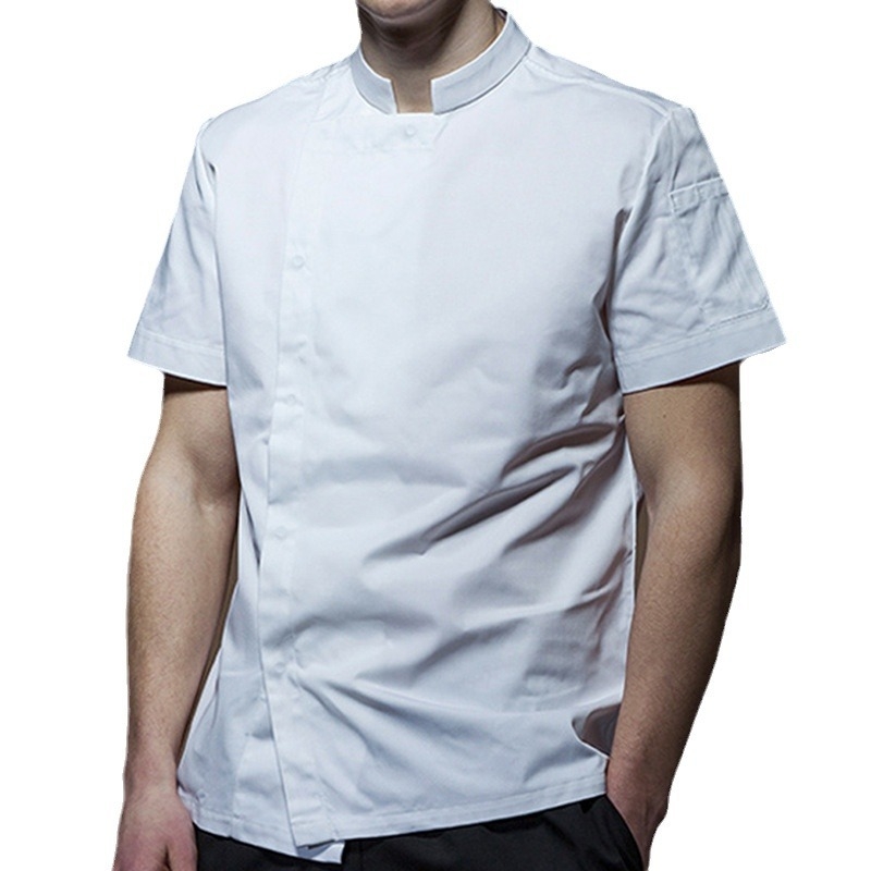 Vyriški vienspalviai virėjo drabužiai su stovima apykakle, trumpomis rankovėmis, atsparūs riebalams ir apsaugai nuo užsiteršimo, viešbučio restorano virtuvės maisto gaminimui, patogūs drabužiai, profesionalūs drabužiai.