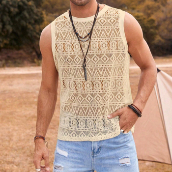 2024-es európai és amerikai határokon átnyúló férfi szexi, kényelmes, csipkés, üreges, egyszínű póló