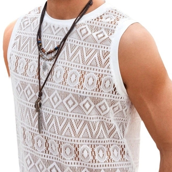 2024-es európai és amerikai határokon átnyúló férfi szexi, kényelmes, csipkés, üreges, egyszínű póló