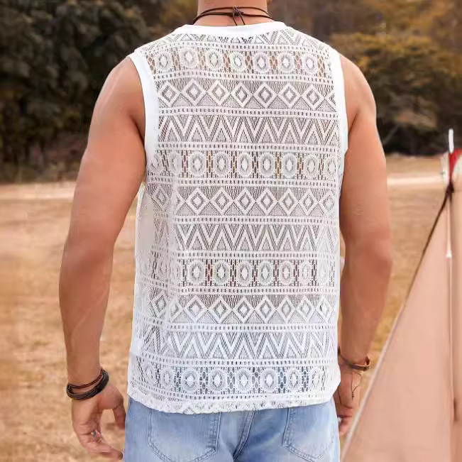 2024-es európai és amerikai határokon átnyúló férfi szexi, kényelmes, csipkés, üreges, egyszínű póló