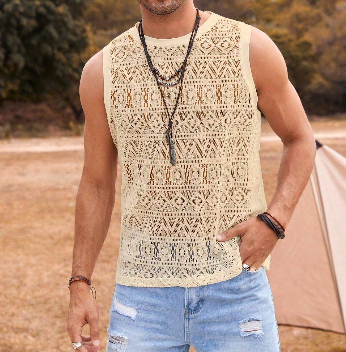 2024-es európai és amerikai határokon átnyúló férfi szexi, kényelmes, csipkés, üreges, egyszínű póló