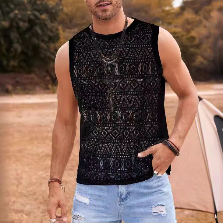 2024-es európai és amerikai határokon átnyúló férfi szexi, kényelmes, csipkés, üreges, egyszínű póló