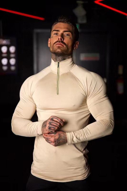 Nauji vyriški pieno spalvos šilko polo marškinėliai ilgomis rankovėmis, tinkantys pavasario fitnesui ir bėgimui.