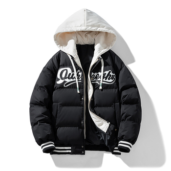 L-6xl pluss-suuruses puuvillase polstriga meeste kapuutsiga võltskaheosaline tikitud puuvillase polstriga mantel paaridele mõeldud ühes tükis mantel kohaletoimetamine