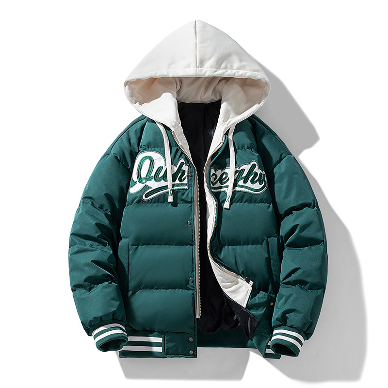 L-6xl pluss-suuruses puuvillase polstriga meeste kapuutsiga võltskaheosaline tikitud puuvillase polstriga mantel paaridele mõeldud ühes tükis mantel kohaletoimetamine