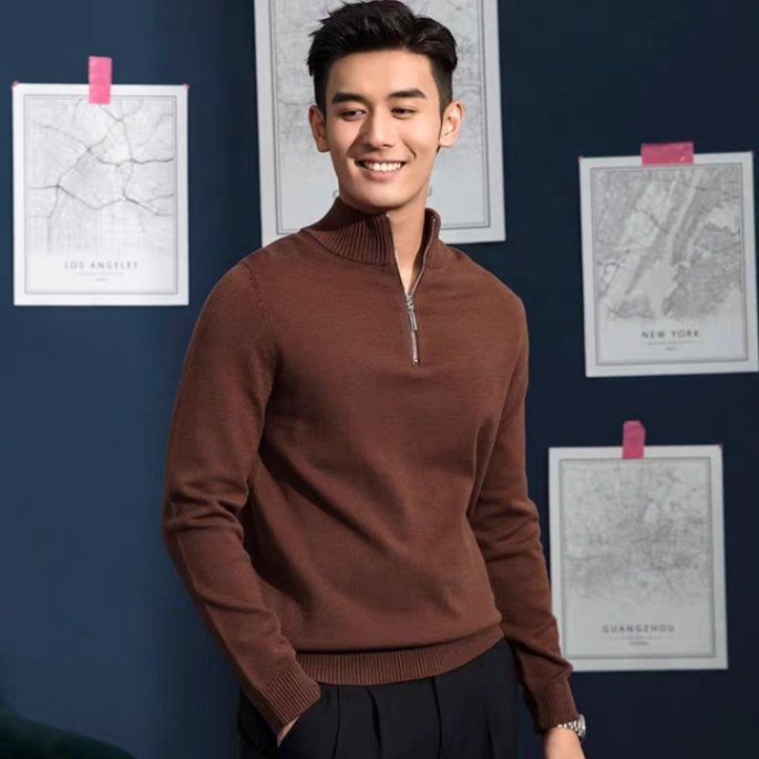 Olasz stílusú, dzsentri galléros, cipzáras, kötött, hosszú ujjú pulóver, őszi és téli új, egyszínű, egyszerű brit, karcsúsított szabású pulóver