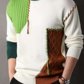 Férfi téli, amerikai stílusú, lezser, kötött, laza pulóver, kontrasztos színű, varrással készült