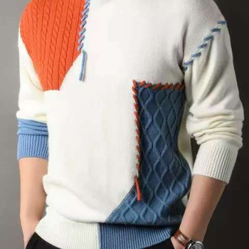 Férfi téli, amerikai stílusú, lezser, kötött, laza pulóver, kontrasztos színű, varrással készült