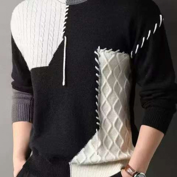 Férfi téli, amerikai stílusú, lezser, kötött, laza pulóver, kontrasztos színű, varrással készült