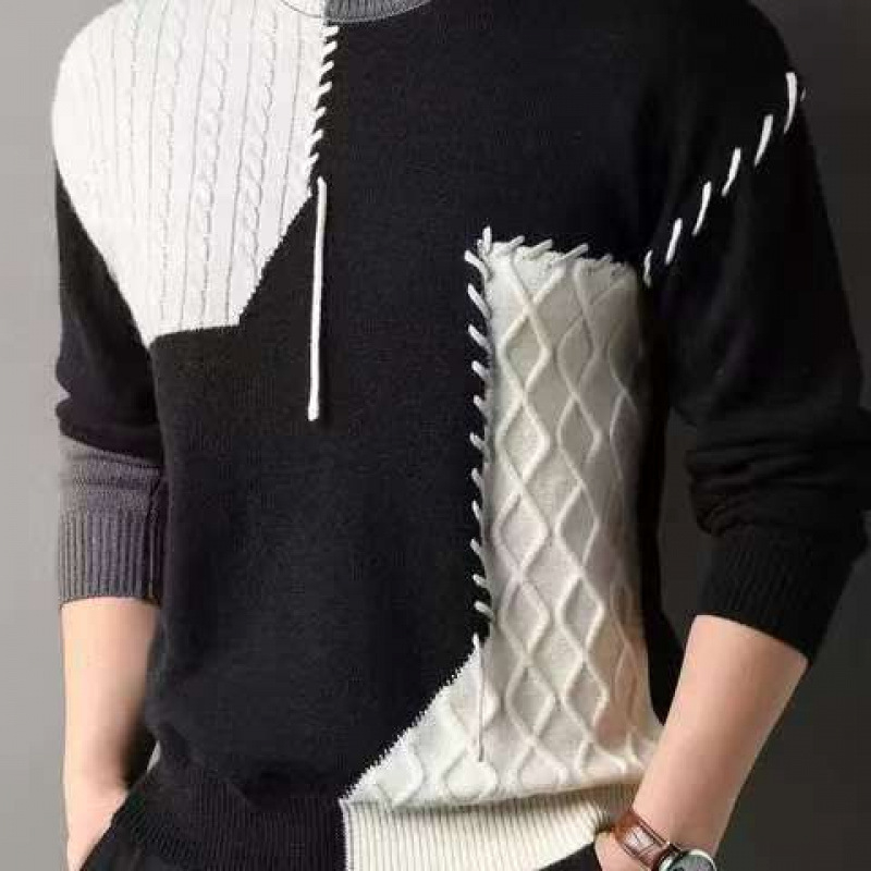 Férfi téli, amerikai stílusú, lezser, kötött, laza pulóver, kontrasztos színű, varrással készült