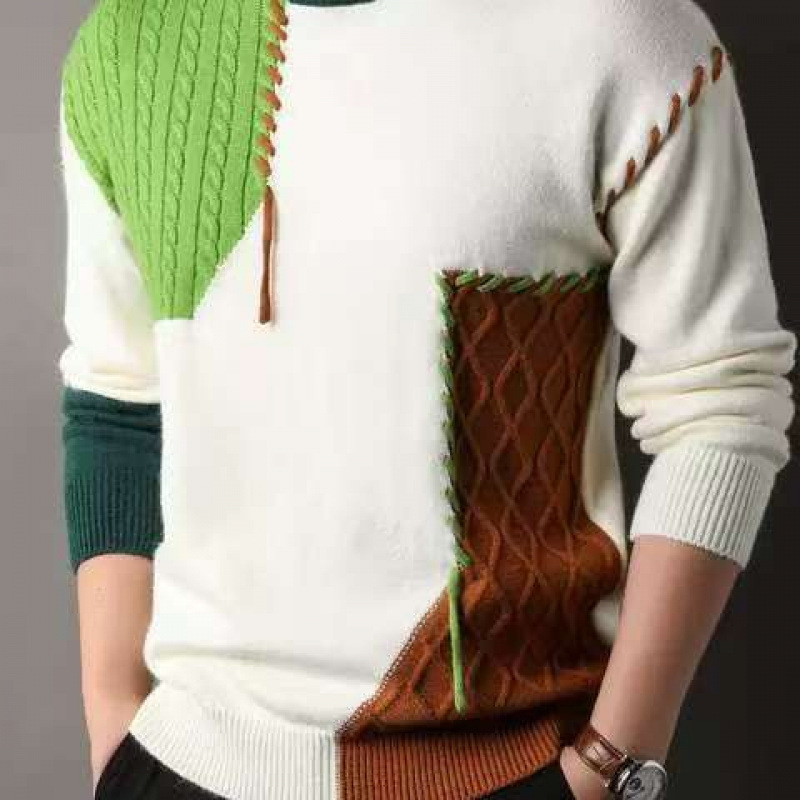 Férfi téli, amerikai stílusú, lezser, kötött, laza pulóver, kontrasztos színű, varrással készült