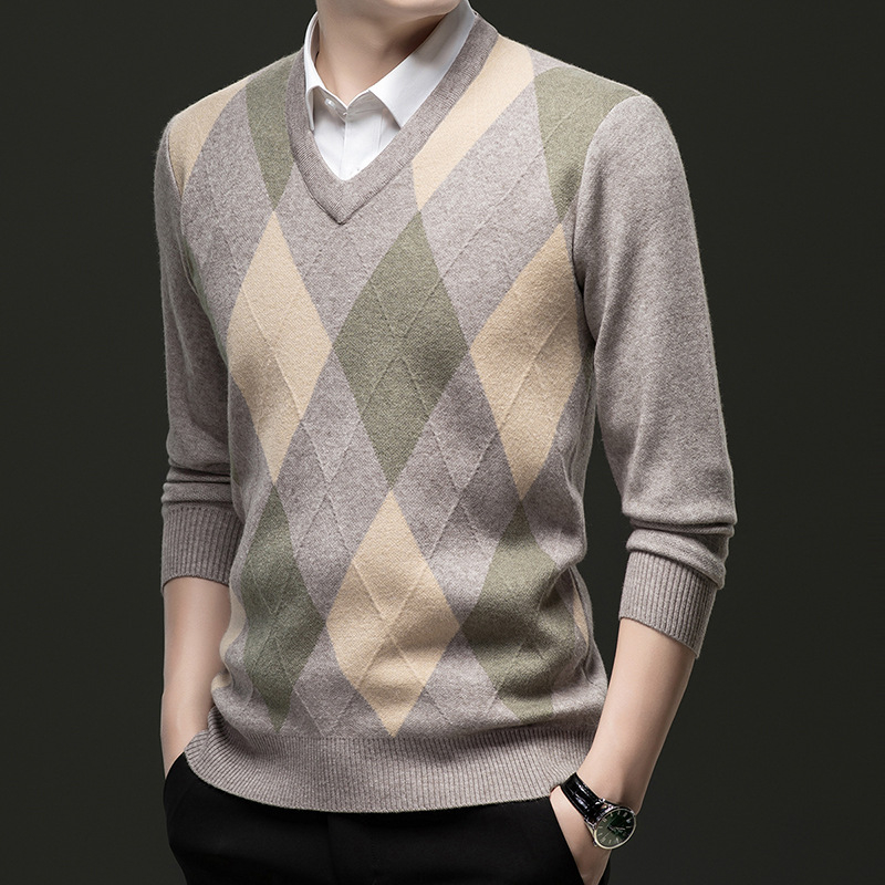 Talvine uus meeste kanasüdamekraega villane kampsun, vabaaja teemantmustriga žakaarmustriga meeste paks kampsun