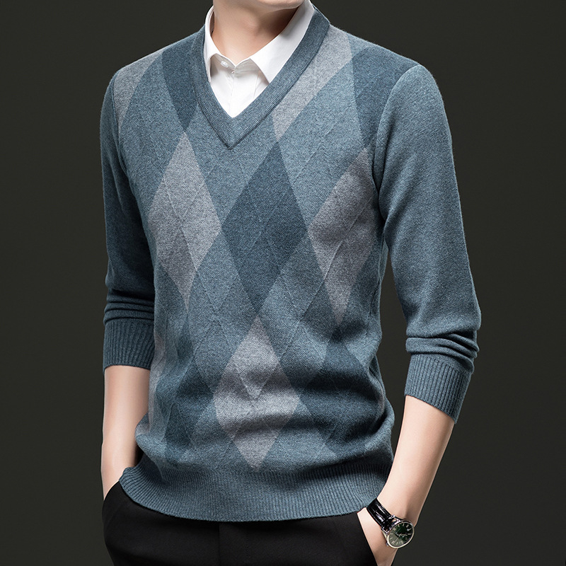 Talvine uus meeste kanasüdamekraega villane kampsun, vabaaja teemantmustriga žakaarmustriga meeste paks kampsun