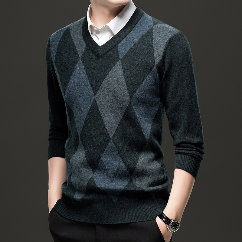 Talvine uus meeste kanasüdamekraega villane kampsun, vabaaja teemantmustriga žakaarmustriga meeste paks kampsun