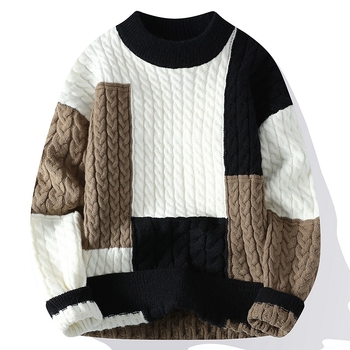 Férfi pulóver, őszi és téli 2024-es új, kötött, csavart pulóver, férfi színes mintás, meleg téli pulóver
