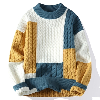 Férfi pulóver, őszi és téli 2024-es új, kötött, csavart pulóver, férfi színes mintás, meleg téli pulóver