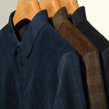 Őszi-téli új pulóver középkorú férfiaknak, gyapjúval bélelt, vastagított, meleg zsenília inggallérral, kétrészes, műpulóver apukának