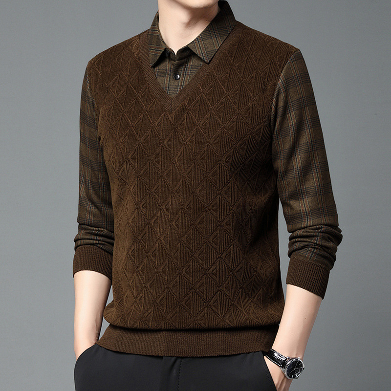 Őszi-téli új pulóver középkorú férfiaknak, gyapjúval bélelt, vastagított, meleg zsenília inggallérral, kétrészes, műpulóver apukának