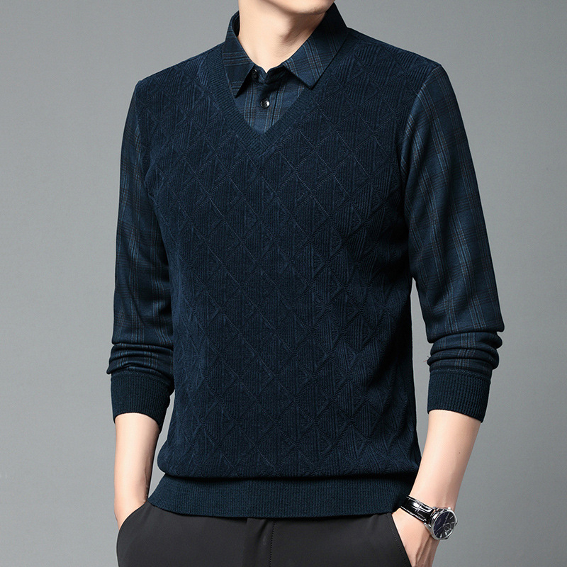 Őszi-téli új pulóver középkorú férfiaknak, gyapjúval bélelt, vastagított, meleg zsenília inggallérral, kétrészes, műpulóver apukának