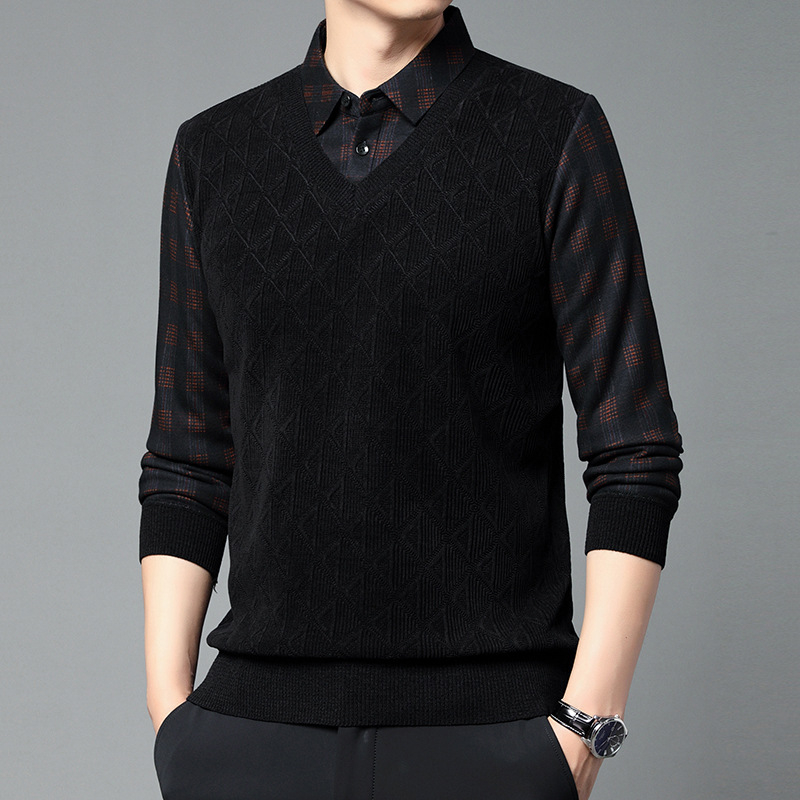 Őszi-téli új pulóver középkorú férfiaknak, gyapjúval bélelt, vastagított, meleg zsenília inggallérral, kétrészes, műpulóver apukának