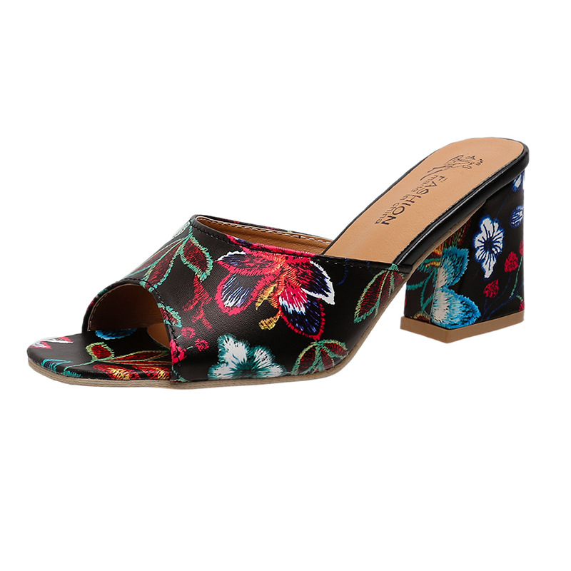 Nagy méretű vastag sarkú papucsok női külső viselethez, nyomtatott divatos szandálok, divatos közepes sarkú, kültéri, vastag sarkú, szögletes orrú szandálok