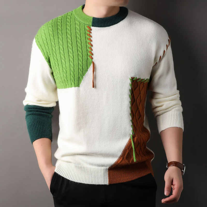 Férfi téli, amerikai stílusú, lezser, varrásos, kontrasztos színű pulóver, laza, lusta fazonú, kötött pulóver