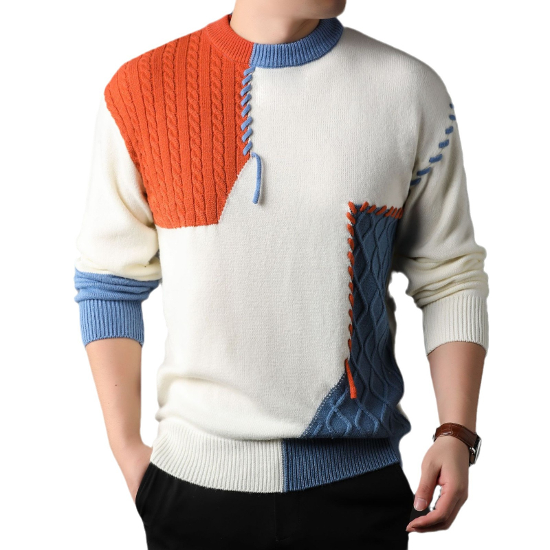 Férfi téli, amerikai stílusú, lezser, varrásos, kontrasztos színű pulóver, laza, lusta fazonú, kötött pulóver