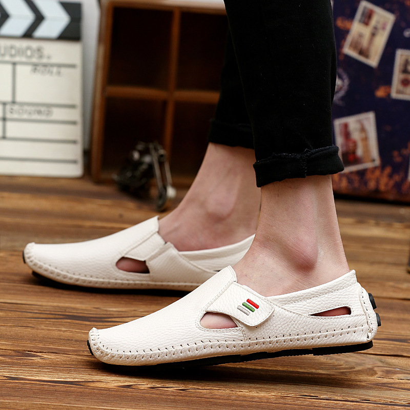 2020 Nyári Férfi Cipők Üreges Lélegző Doug Cipő Nagy Méretű Fehér Puha Talpú Lazy Alkalmi Bőr Cipő Férfi Autós Cipő