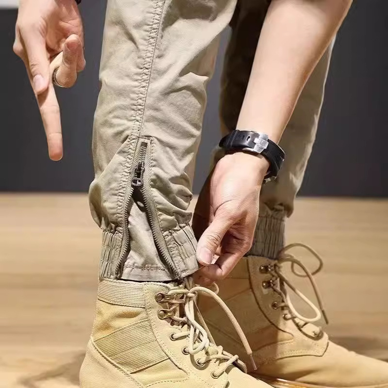 Amerikai khaki színű, férfi cargo nadrág, 2024-es tavaszi-nyári koreai stílusú, divatos hosszú nadrág, divatos márkájú, karcsúsított, lezser nadrág, kis lábméretre.