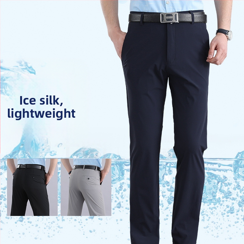 Letné tenké ležérne nohavice pre stredný a starší vek, ľadovo hodvábne nohavice, pánske elastické ležérne nohavice, voľné, s vysokým pásom, vysoko kvalitné nohavice