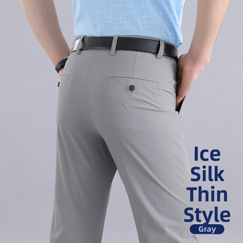 Nyári vékony lezser nadrág középkorúaknak és időseknek, jégselyem nadrág, férfi rugalmas lezser nadrág, laza, magas derekú, kiváló minőségű nadrág