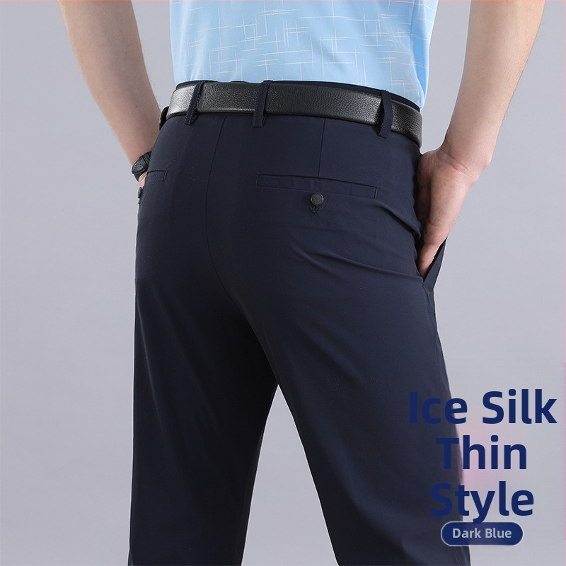 Nyári vékony lezser nadrág középkorúaknak és időseknek, jégselyem nadrág, férfi rugalmas lezser nadrág, laza, magas derekú, kiváló minőségű nadrág