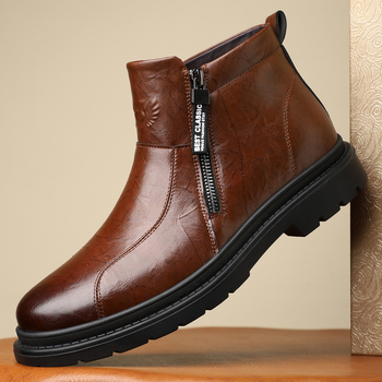 Αναπνέουσες δερμάτινες μπότες Martin All-match, μπότες βρετανικού στιλ με μεσαίου μήκους, μπότες Martin με στρογγυλή μύτη και φερμουάρ στο πλάι, ανδρικές δερμάτινες μπότες Business