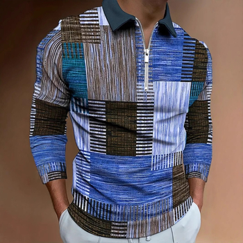 Eiropas un Amerikas AliExpress pārrobežu krāsu ģeometrisko līniju 3D drukāšanas vīriešu ielu modes brīvs rāvējslēdzēja polo krekls