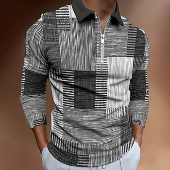 Ευρωπαϊκό και αμερικανικό AliExpress διασυνοριακό χρώμα γεωμετρικές γραμμές τρισδιάστατης εκτύπωσης ανδρικό μπλουζάκι POLO με φερμουάρ και χαλαρό φερμουάρ