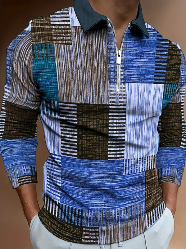 Eiropas un Amerikas AliExpress pārrobežu krāsu ģeometrisko līniju 3D drukāšanas vīriešu ielu modes brīvs rāvējslēdzēja polo krekls