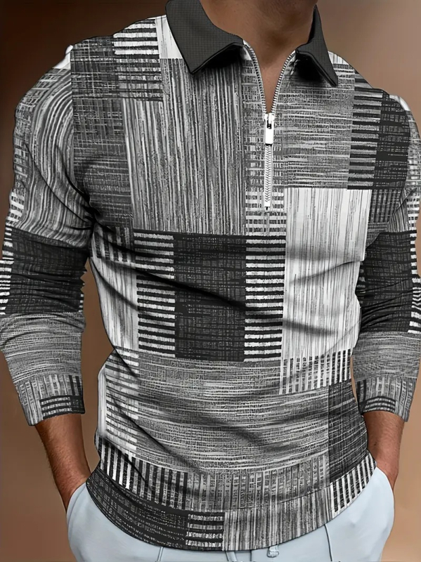 Eiropas un Amerikas AliExpress pārrobežu krāsu ģeometrisko līniju 3D drukāšanas vīriešu ielu modes brīvs rāvējslēdzēja polo krekls