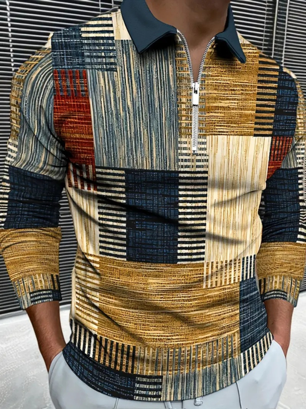 Eiropas un Amerikas AliExpress pārrobežu krāsu ģeometrisko līniju 3D drukāšanas vīriešu ielu modes brīvs rāvējslēdzēja polo krekls