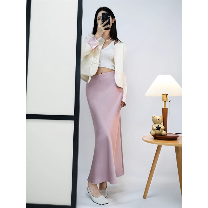 Ženska luksuzna satenska suknja boje šampanjca, ljeto 2024., nova satenska suknja s ribljim repom, duga suknja od imitacije acetata