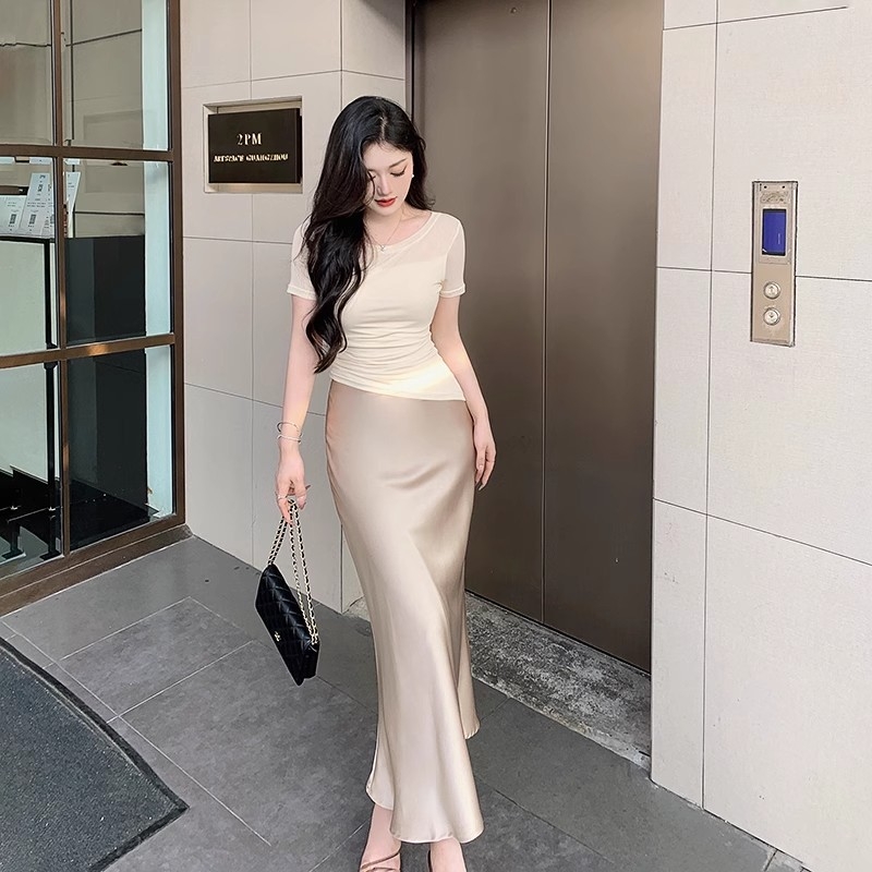 Ženska luksuzna satenska suknja boje šampanjca, ljeto 2024., nova satenska suknja s ribljim repom, duga suknja od imitacije acetata