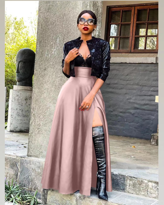 Fustă din piele plisată neregulată, culoare solidă, pu, cu despicare înaltă, transfrontalieră europeană și americană, îmbrăcăminte pentru femei, Amazon, modă, sexy, culoare solidă, fustă