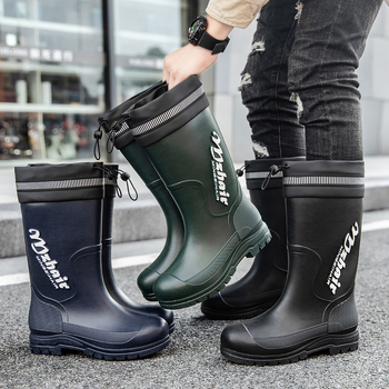 Μοντέρνες ανδρικές αδιάβροχες μπότες βροχής, μέχρι τη μέση της γάμπας, ανθεκτικές στη φθορά, με κορδόνι περίσφιξης, αντιολισθητικά παπούτσια από καουτσούκ για εξαγωγή