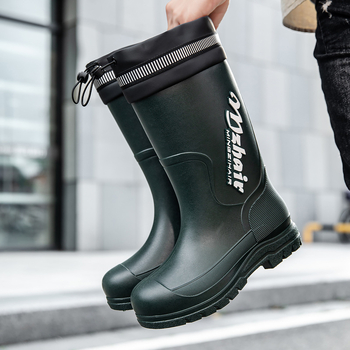 Μοντέρνες ανδρικές αδιάβροχες μπότες βροχής, μέχρι τη μέση της γάμπας, ανθεκτικές στη φθορά, με κορδόνι περίσφιξης, αντιολισθητικά παπούτσια από καουτσούκ για εξαγωγή