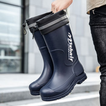 Μοντέρνες ανδρικές αδιάβροχες μπότες βροχής, μέχρι τη μέση της γάμπας, ανθεκτικές στη φθορά, με κορδόνι περίσφιξης, αντιολισθητικά παπούτσια από καουτσούκ για εξαγωγή