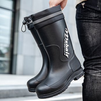 Μοντέρνες ανδρικές αδιάβροχες μπότες βροχής, μέχρι τη μέση της γάμπας, ανθεκτικές στη φθορά, με κορδόνι περίσφιξης, αντιολισθητικά παπούτσια από καουτσούκ για εξαγωγή