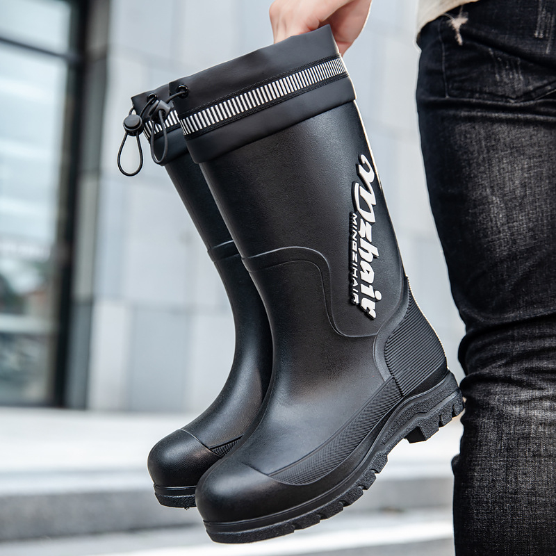 Μοντέρνες ανδρικές αδιάβροχες μπότες βροχής, μέχρι τη μέση της γάμπας, ανθεκτικές στη φθορά, με κορδόνι περίσφιξης, αντιολισθητικά παπούτσια από καουτσούκ για εξαγωγή