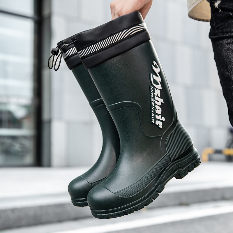 Μοντέρνες ανδρικές αδιάβροχες μπότες βροχής, μέχρι τη μέση της γάμπας, ανθεκτικές στη φθορά, με κορδόνι περίσφιξης, αντιολισθητικά παπούτσια από καουτσούκ για εξαγωγή