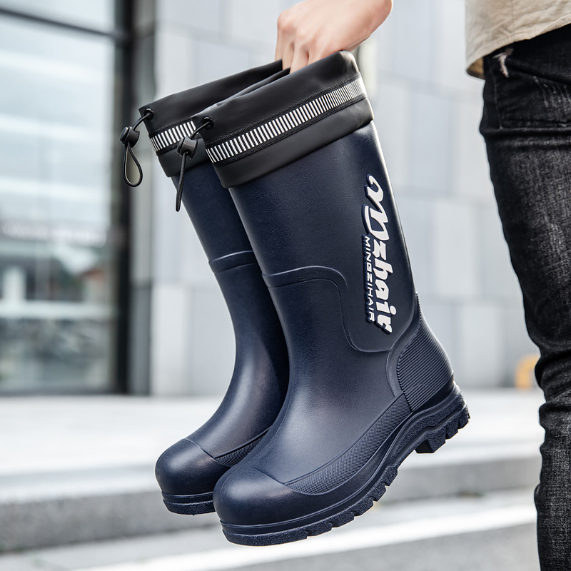 Μοντέρνες ανδρικές αδιάβροχες μπότες βροχής, μέχρι τη μέση της γάμπας, ανθεκτικές στη φθορά, με κορδόνι περίσφιξης, αντιολισθητικά παπούτσια από καουτσούκ για εξαγωγή