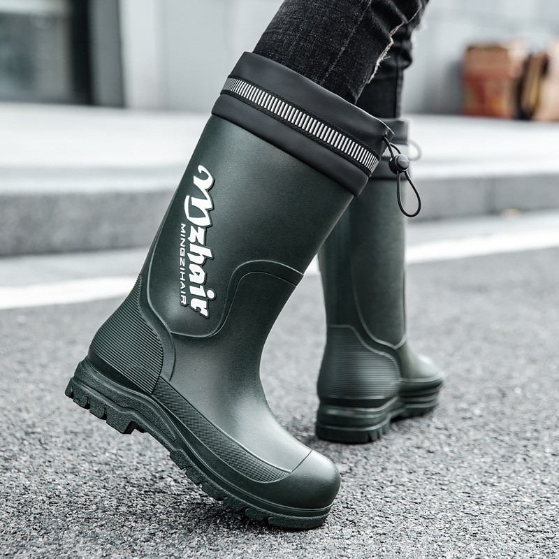 Μοντέρνες ανδρικές αδιάβροχες μπότες βροχής, μέχρι τη μέση της γάμπας, ανθεκτικές στη φθορά, με κορδόνι περίσφιξης, αντιολισθητικά παπούτσια από καουτσούκ για εξαγωγή