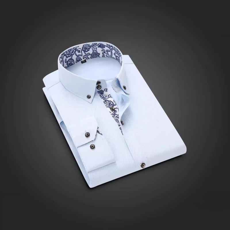 Μια γενιά ανδρικού μακρυμάνικου πουκάμισου για μαλλιά, ανοιξιάτικο και καλοκαιρινό, πολυτελές, επαγγελματικό, casual μπλε και άσπρο πορσελάνινο πουκάμισο, ανδρική αίσθηση μόδας